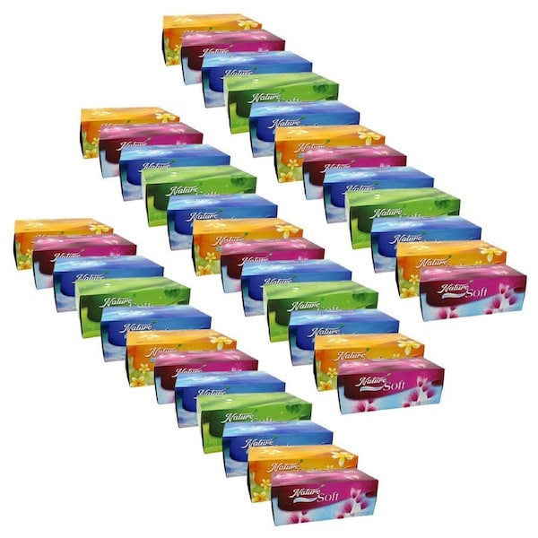 36PK Nature Soft 168-Sheet Pull-Up Paper Facial Tissue Box 2-Ply Assorted