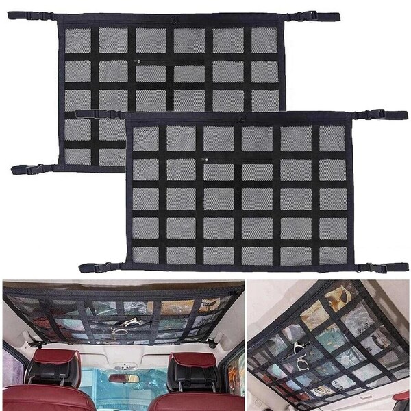 2Pcs Universal Mesh Storage Bag Car Roof Ceiling Net Pouch Pockets For SUV Van