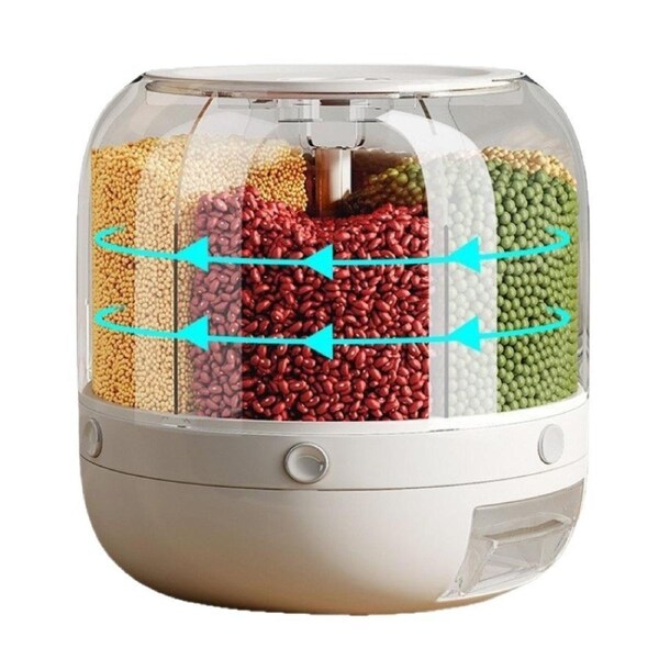 Food Grain Storage Container Large Capacity 10L 6 Grid Rotatable Rice Dispenser Sealed Grain Food Storage Box Kitchen Storage Bucket for Home Kitchen