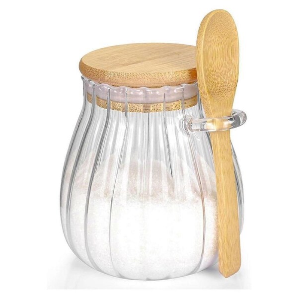 Sugar Container with Bamboo Lid and Spoon, Glass Jar for Coffee Bar Accessories Coffee Canister Kit