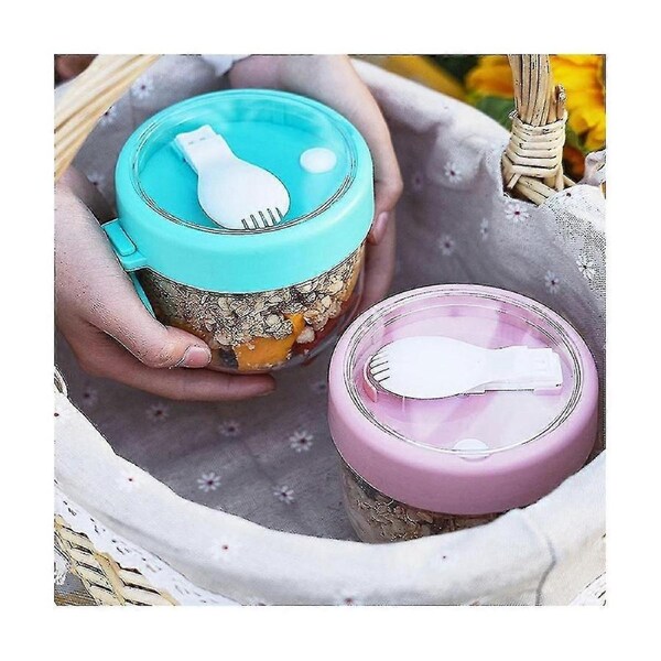 Overnight Oat Containers With Lid And Spoons 2pcs, 20oz Portable Plastic Yogurt Jars,leak-proof Des