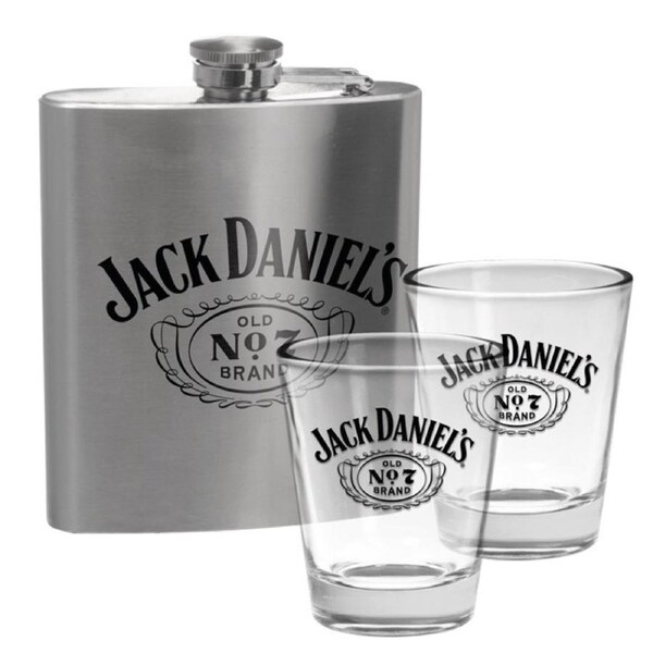 Jack Daniels Whiskey Stainless Steel Hip Flask Shot Glasses Pack