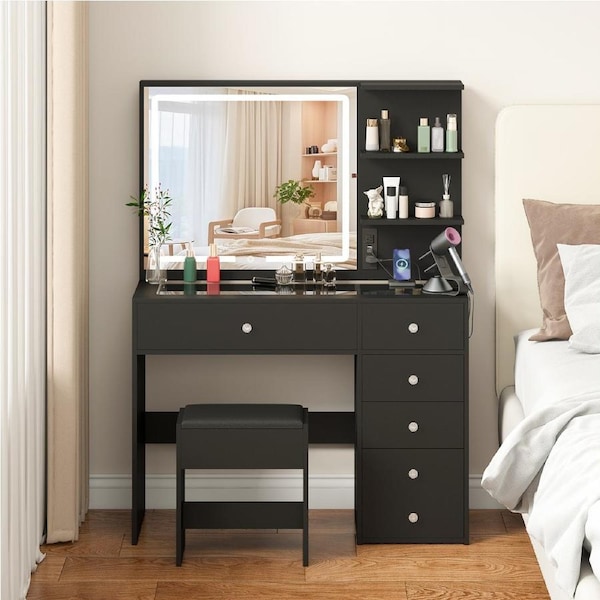 Advwin Dressing Table with Charging Station, Vanity Desk with HD Lighted Mirror Storage Drawers Cabinet Make up Table Black