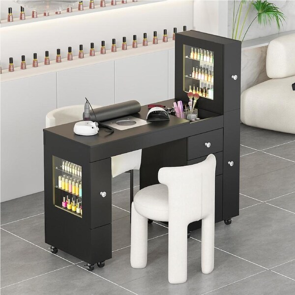 Advwin Manicure Table for Nail Tech with LED Light Display Cabinet Dust Collector Lockable Wheels Wrist Rest Black