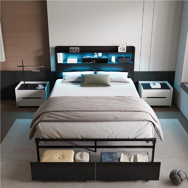 Advwin Double Bed Frame with RGB LED and Charging Station Metal Platform Bed Frames with 2 Storage Drawers