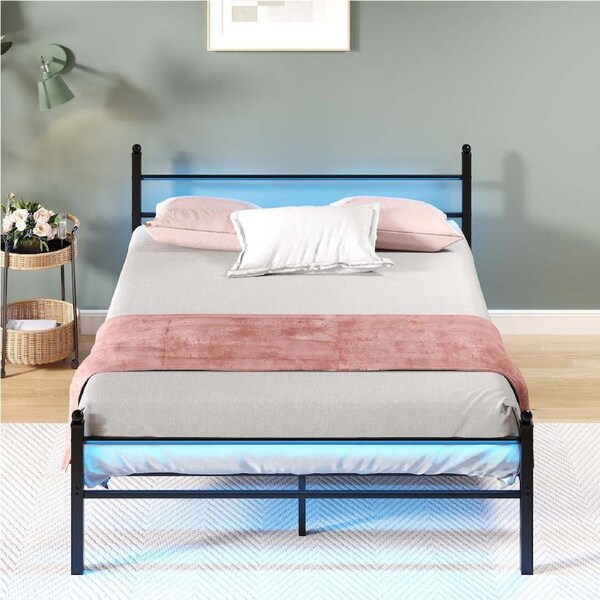 Advwin Queen Metal Platform Bed Frame with Headboard and Footboard LED Bed Frame with Charging Station Black