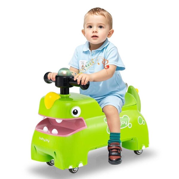 Babyjoy Walking Sliding Car Foot to Floor Ride on Toy w/4 Universal Wheels & LED lights Dinosaur Design Green