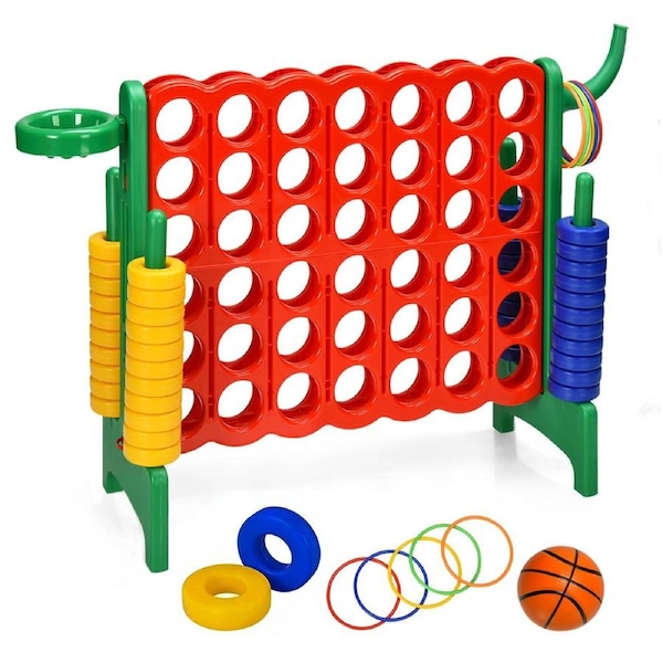 Babyjoy Giant 4-in-A Row Indoor Outdoor Family Connect Game w/Basketball Hoop & Quick-Release Slider
