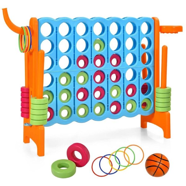 Babyjoy Giant 4-in-A Row Indoor Outdoor Family Connect Game w/Basketball Hoop & Quick-Release Slider Orange
