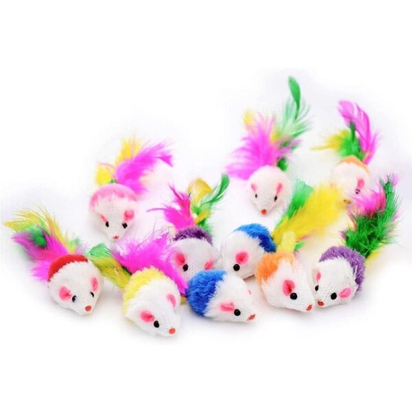 20 PCS Furry Cat Toys Squeak Mouse Rattle Mice Cat Catcher Pet Toys with Feather Tails (Random Color)