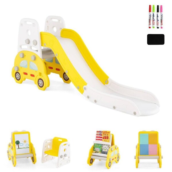 Costway 5in1 Slide Set Climb Playset Art Easel w/Stool Book Rack Foldable Convertible Drawing Board Bookshelf Yellow
