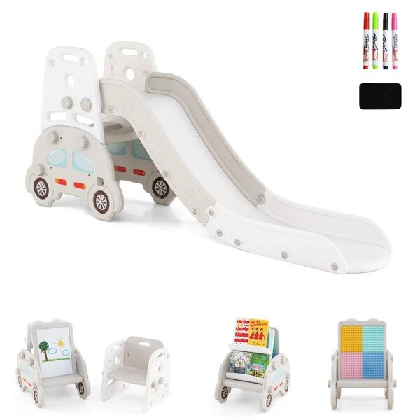 Costway 5 in 1 Foldable Slide Set Climb Playset Art Easel w/Stool Book Rack Erase Block Board Grey