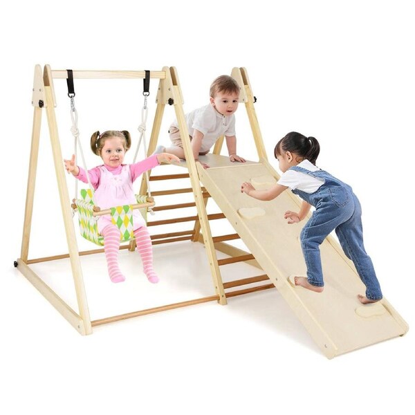 Costway Climb Playset 4 in 1 Slide Swing Set Indoor Wooden Playground Natural