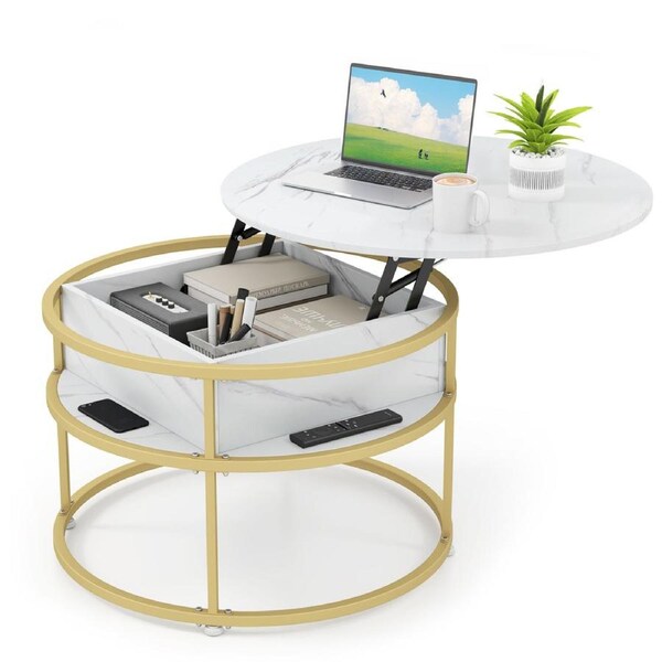 Costway 2-Tier Round Lift Top Coffee Table Center Cocktail Table w/Compartment Side Shelves Living Room White