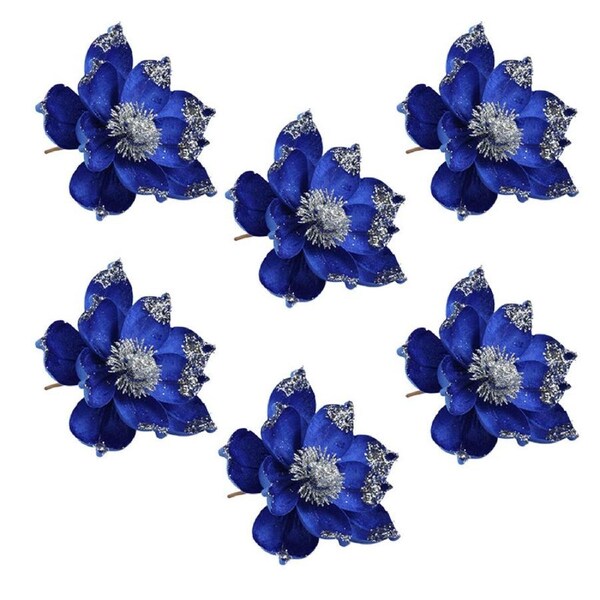 Catzon 6 Pcs Glitter Poinsettia Artificial Flowers for Xmas Party Wedding Decor-Blue