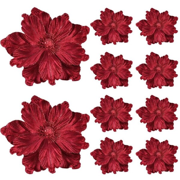 Catzon 10Pcs Christmas Poinsettia Glitter Artificial Flower with Stems for Xmas Wreath Decor-Red