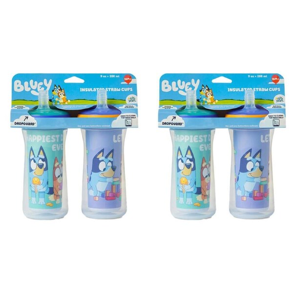 2x 2PK The First Years Bluey Insulated Straw Bottle w/DropGuard 266ml 18m+