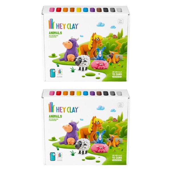 2PK Hey Clay Animals Theme Modelling Set w/15 Colour Cans & 2 Tools 3y+