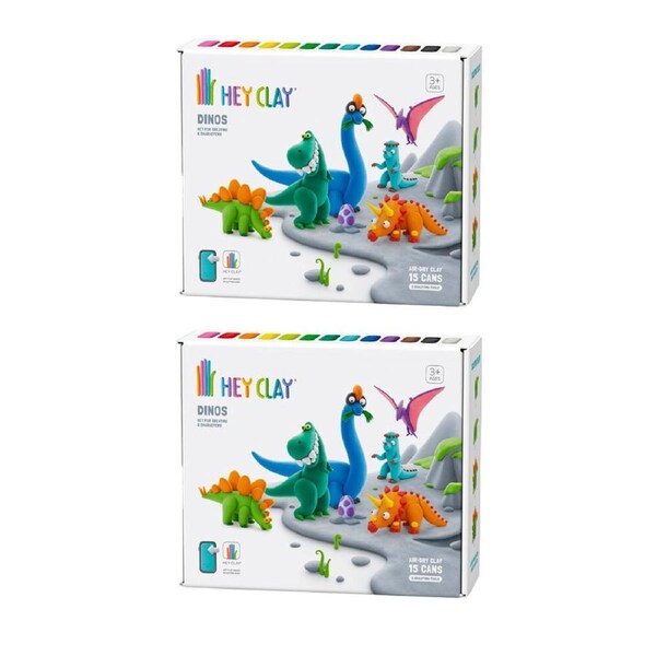 2PK Hey Clay Dinos Theme Modelling Set w/15 Colour Cans & 2 Tools 3y+