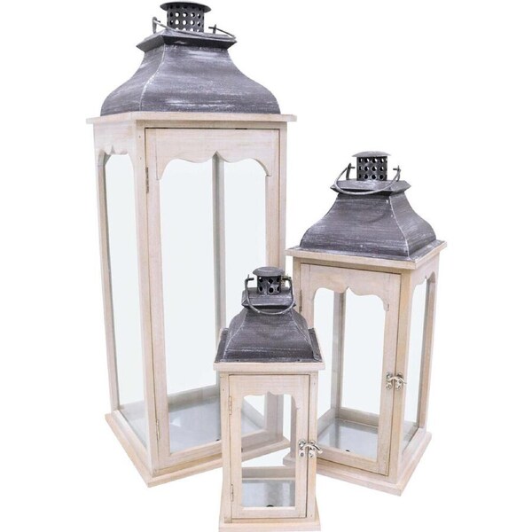 3pc LVD Wooden Metal/Glass Lanterns Arlo Set 26x75cm/20x50cm/14x35cm White/Grey