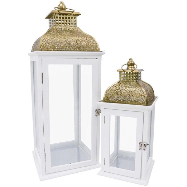 2pc LVD Wooden Metal/Glass Lanterns Skye Set 24x66cm/18x41cm White/Gold