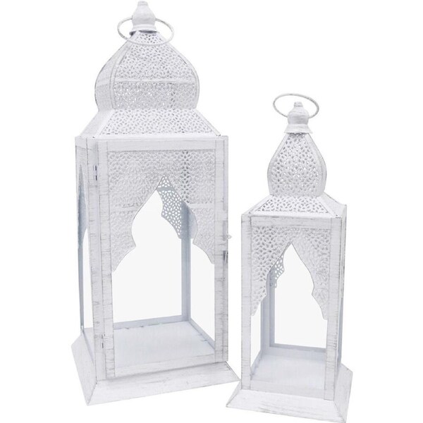 2pc LVD Wooden Metal/Glass Lanterns Brynn Set 21x56cm/14x41cm White
