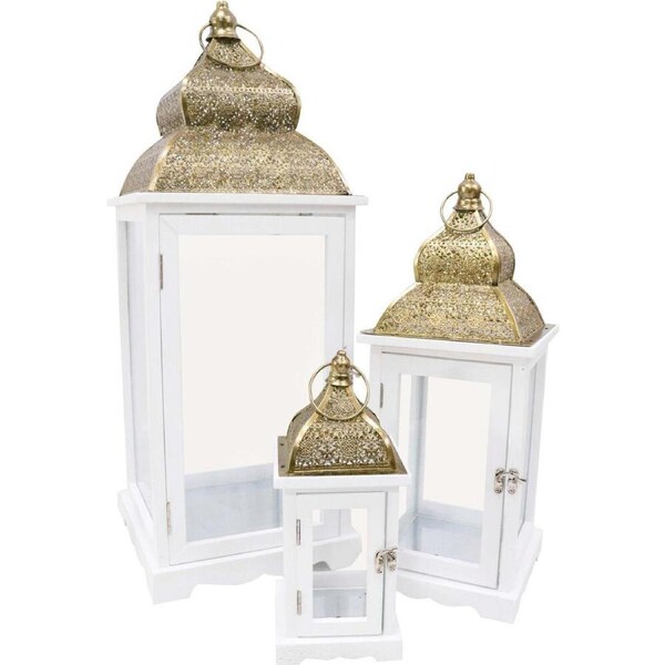 3pc LVD Wooden Metal/Glass Lanterns Kaylah Set 25x69cm/20x50cm/14x35cm White