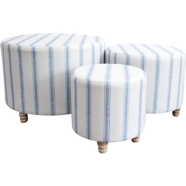3pc LVD Linen Ottomans Stool Set 60x44cm/49x39cm/35x34cm Hamptons Stripes