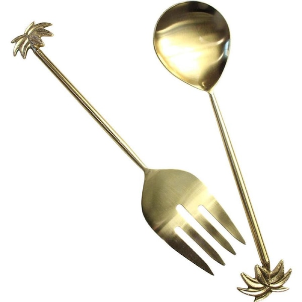 2pc LVD Stainless Steel/Brass Palm Tree Salad Server Classic Set 27cm Gold