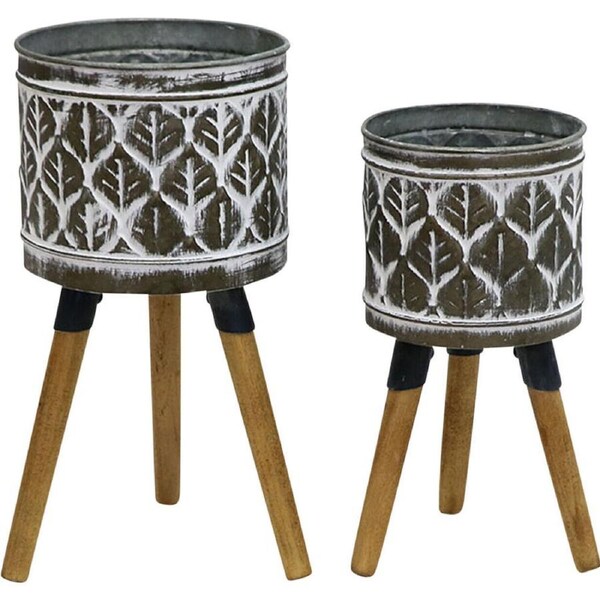 2pc LVD Timber/Metal Planter Pot Grey Wash Set 21.5x43cm/17.5x36cm
