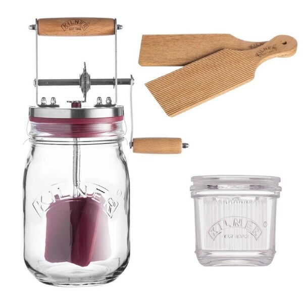 Kilner Butter Churner Glass Jar Manual + Butter Paddles + Butter Crock