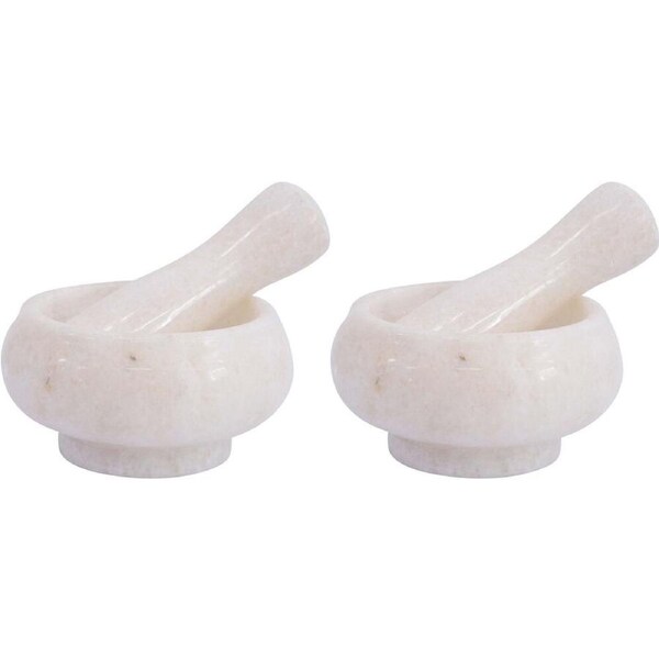 2PK LVD Small Marble Mortar & Pestle Kitchen Grinding Bowl 8.5x5cm Soft White