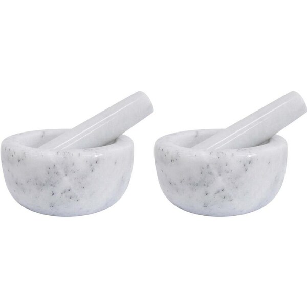 2PK LVD Medium Marble Mortar & Pestle Kitchen Grinding Bowl 12x6cm Grey