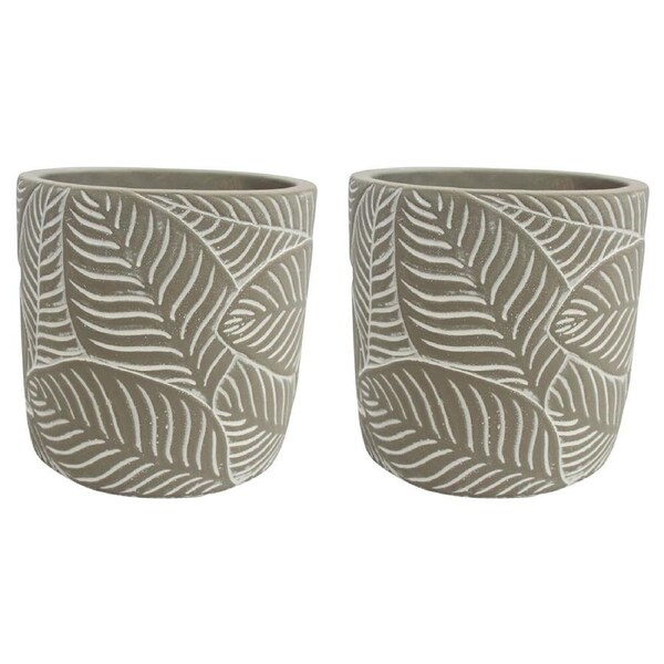2PK LVD Terracotta Ceramic Decorative Planter Pot Leaf Wrap 14x14cm Grey