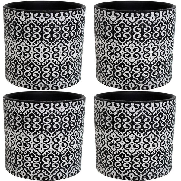 4PK LVD Terracotta Ceramic Decorative Planter Scroll 13.5x12.5cm Black/White