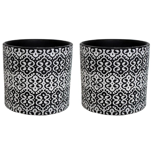 2PK LVD Terracotta Ceramic Decorative Planter Scroll 13.5x12.5cm Black/White