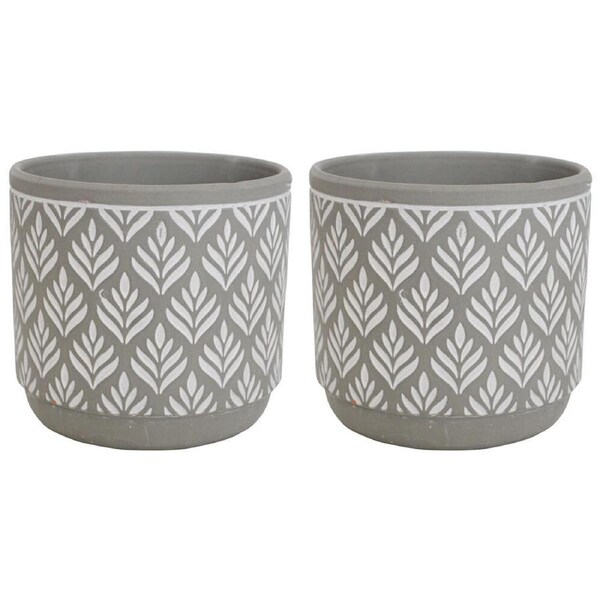 2PK LVD Terracotta Ceramic Decorative Planter Pot Leaf Print 14x13cm Grey
