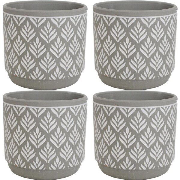 4PK LVD Terracotta Ceramic Decorative Planter Pot Leaf Print 14x13cm Grey