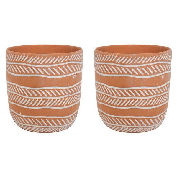 2PK LVD Terracotta Ceramic Decorative Planter Pot Rows 13.5x13cm Natural