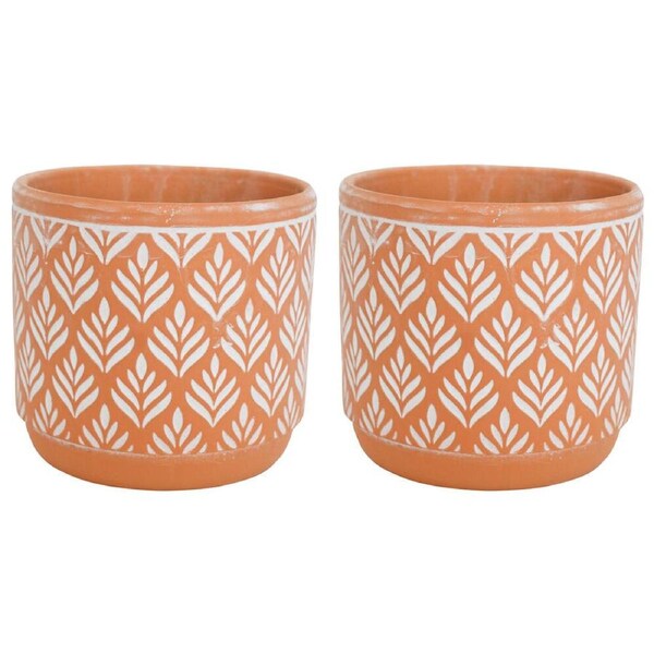 2PK LVD Terracotta Ceramic Decorative Planter Pot Leaf Print 14x13cm Natural
