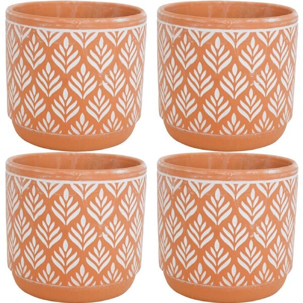 4PK LVD Terracotta Ceramic Decorative Planter Pot Leaf Print 14x13cm Natural