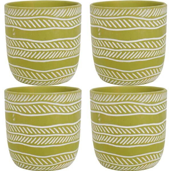 4PK LVD Terracotta Ceramic Decorative Planter Pot Rows 13.5x13cm Lime