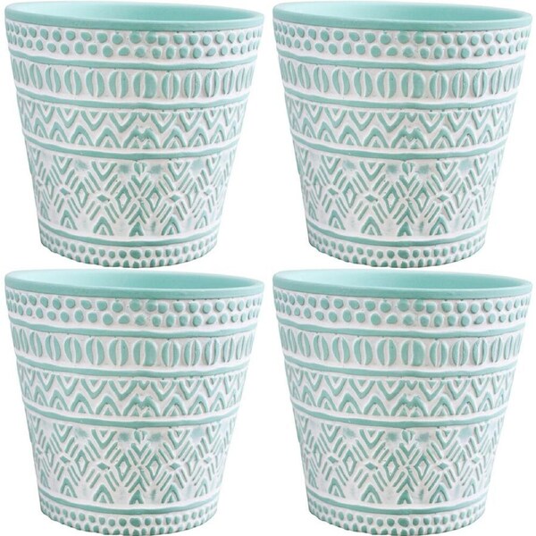 4PK LVD Ceramic Decorative Indoor Planter Pot Tribal 3 13x12cm Mint Green