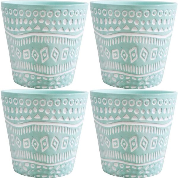 4PK LVD Ceramic Decorative Indoor Planter Pot Tribal 2 13x12cm Mint Green
