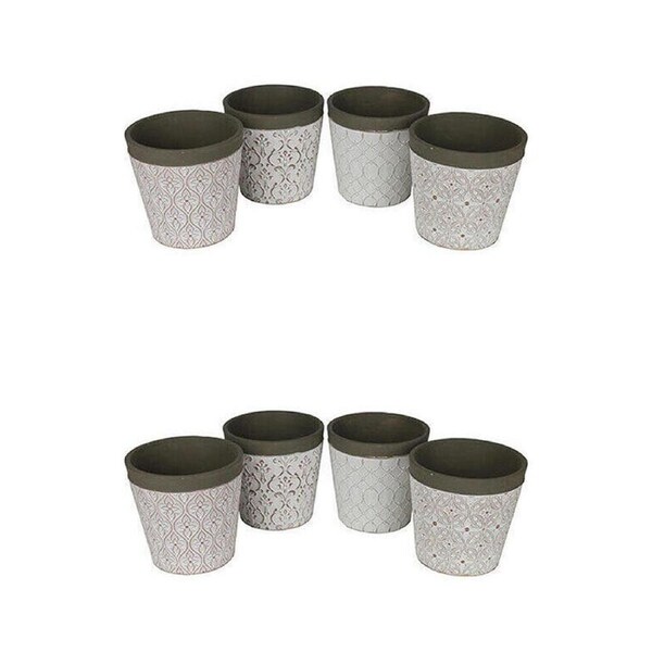 2x 4pc LVD Small Patterned Clay Planter Indoor Pots Set 11x11x11cm Neutral