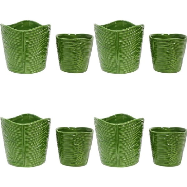 4x 2pc LVD Porcelain Planter Pot Palm Leaf Set 11x10.5cm/8x7.5cm Green