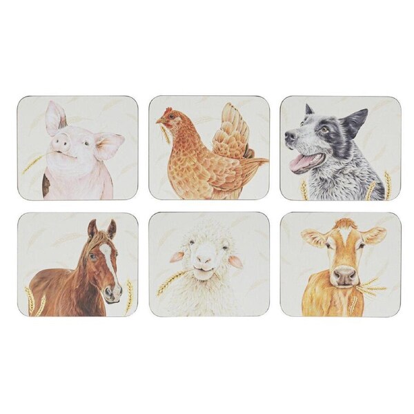 6pc Ashdene Farmyard Faces 2 Cup Mug Drinking Mat Coaster 11x9.7cm
