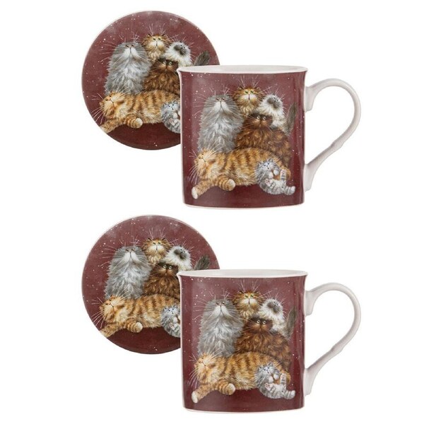 2PK Ashdene Kim's Cats Friends Family New Bone China Mug & Coaster Set 330ml Red