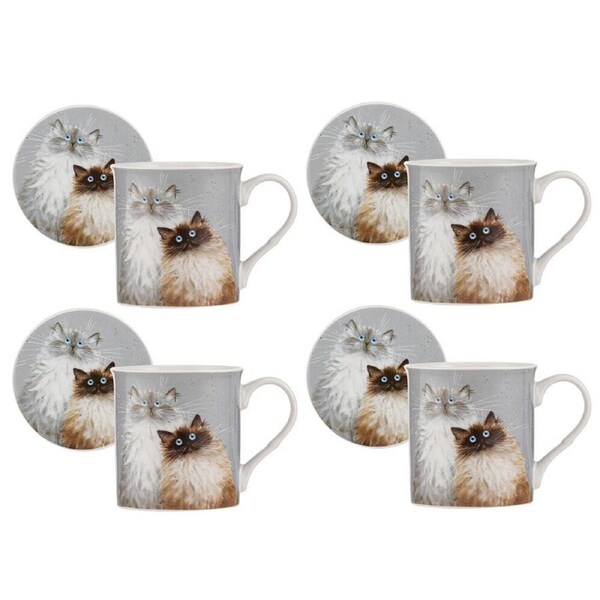 4PK Ashdene Kim's Cats Sully & Bucky New Bone China Mug Coaster Set 330ml Blue