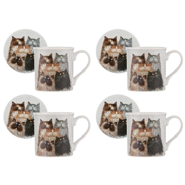 4PK Ashdene Kim's Cats Fluffy Five New Bone China Mug & Coaster Set 330ml White